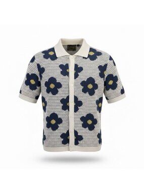 Massive Womens Ivory & Navy Blue Floral Button-Up Short Sleeve Cardigan M